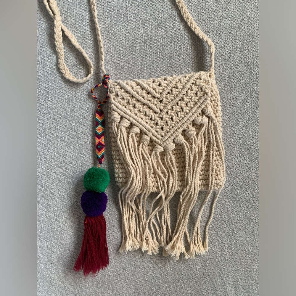 Crochet boho cross body purse with Pom Pom